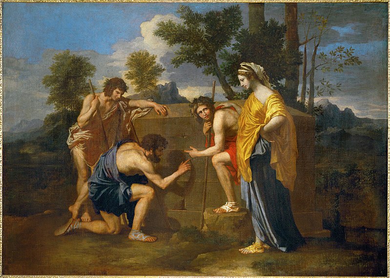 Nicolas Poussin painting Et in Arcadia ego, in which a man kneels to three other men