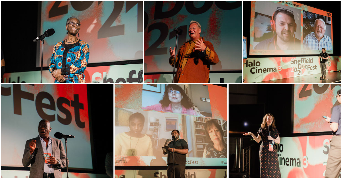 Composite of six images of individuals on stage speaking into microphones, in front of a green and red backdrop.