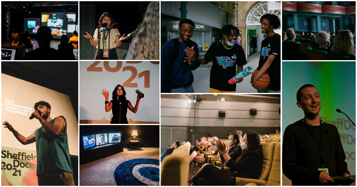 Montage image of people speaking on stage into microphones, and audiences sat clapping in cinema seats.