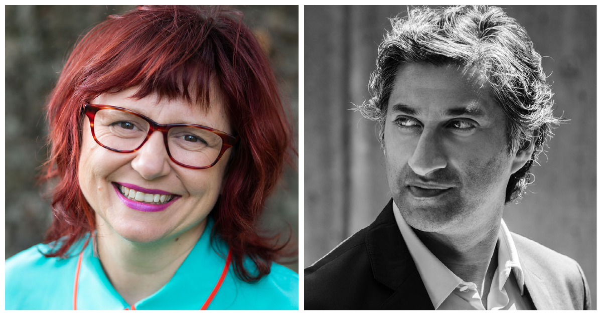 Composite image of two headshots. Left is a colour image of a woman with red hair, wearing glass and a blue top smiling towards the camera. Right, a black and white image of a man in a suit looking towards the left.