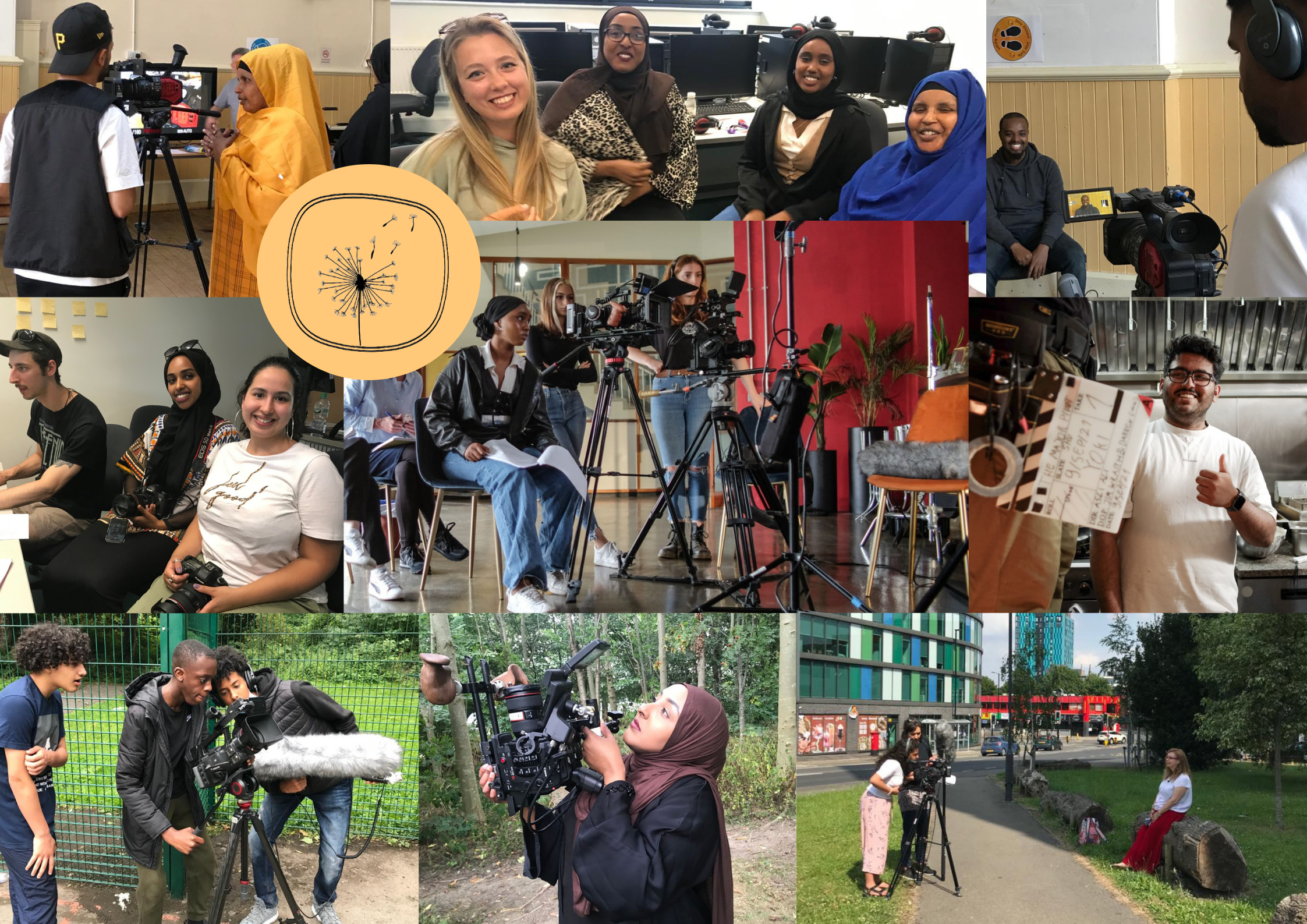 Image composite of nine photographs featuring groups of filmmakers and filming/production crews on sets.