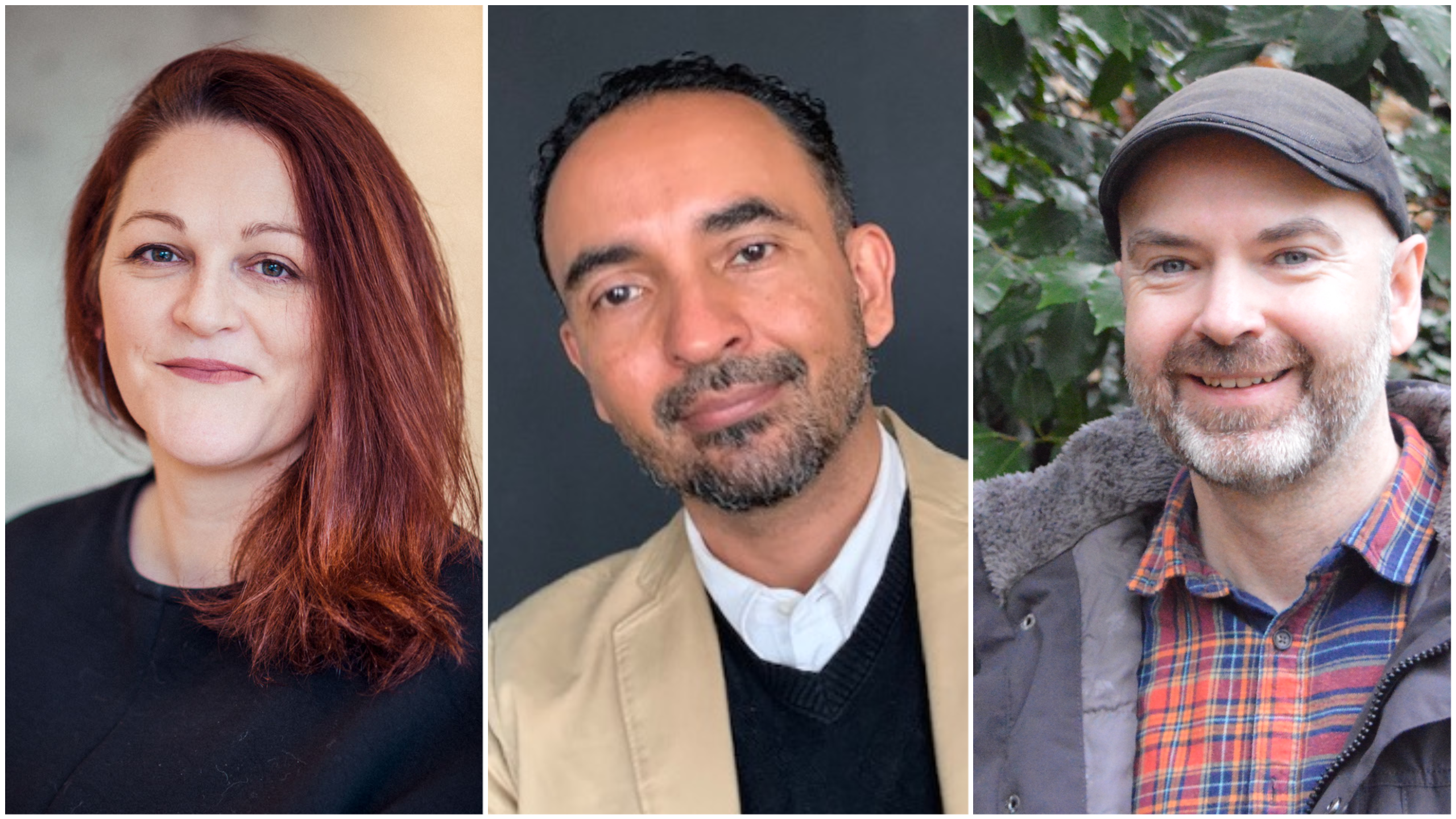 Composite of three headshots. Left is Annabel Grundy, a white woman with reddish hair swept to the side of her face. Centre is Raul a man with dark curly hair and facial hair. Right is Paul, a white man with greying facial hair, he's wearing a hat.