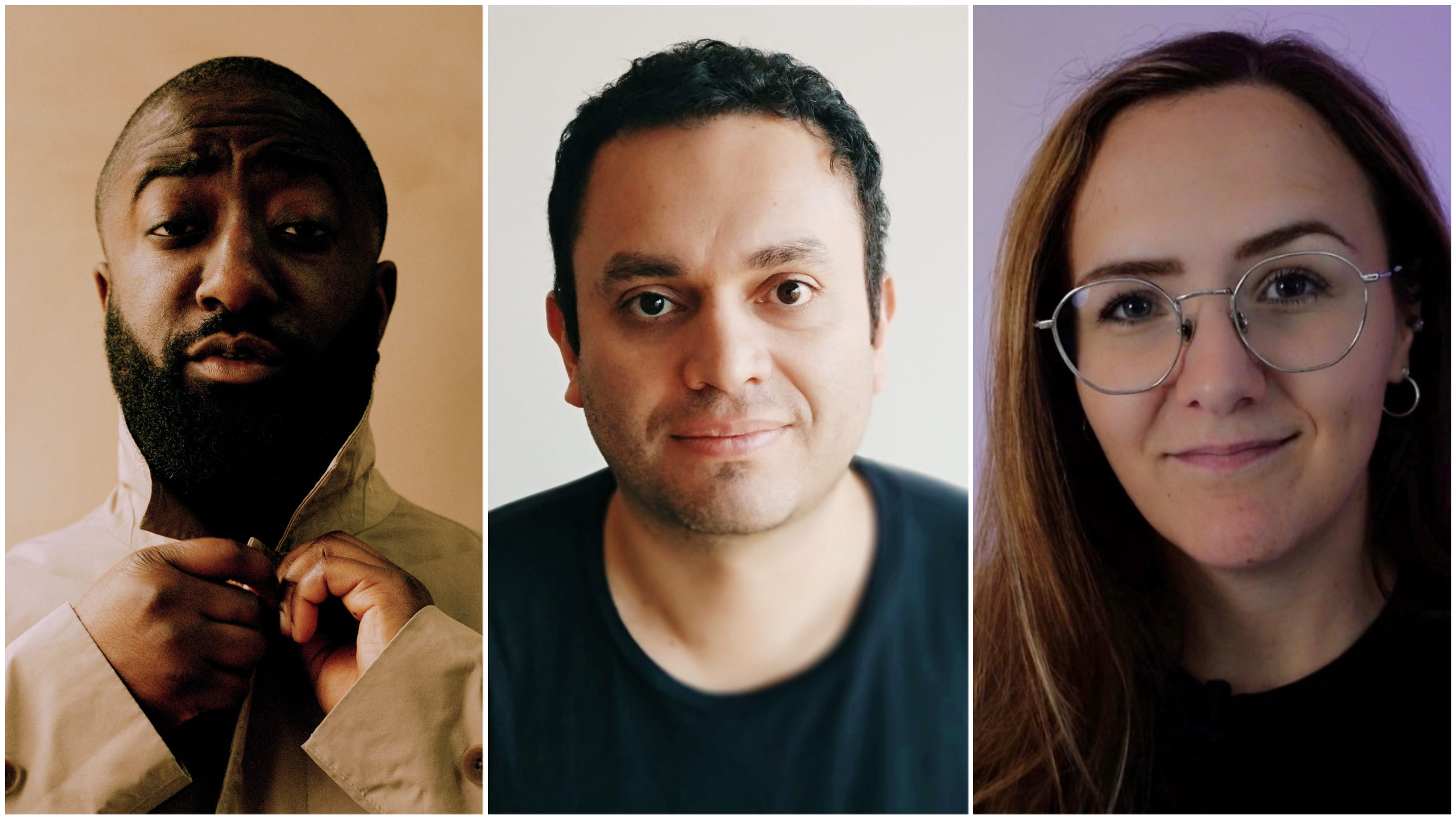 Three headshots. On the left is an image of a black man, with dark facial hair. He is wearing a beige overshirt and is buttoning his collar. Centre is an image of a white man with dark hair, he is wearing a dark t-shirt. Left is an image of a white woman, with brown hair. She is wearing glasses.