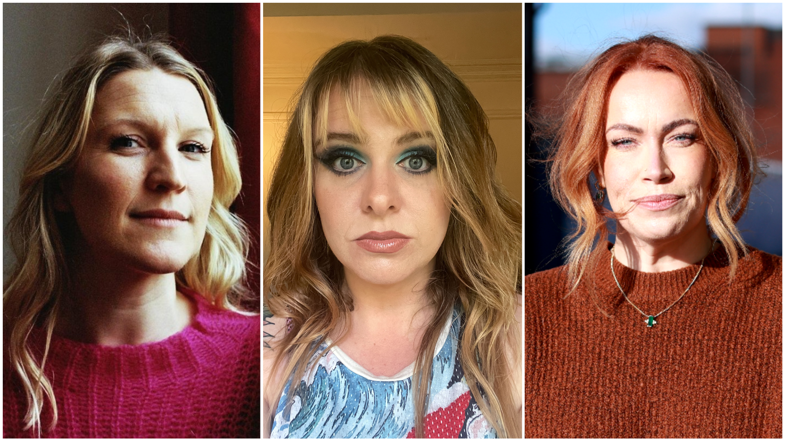 Three headshots. On the left, is an image of a white woman with blonde hair, wearing a pink jumper. Centre, is an image of a white woman with blonde/brown hair, wearing a blue top. On the right, is an image of a white woman with ginger hair wearing an orangey brown jumper.