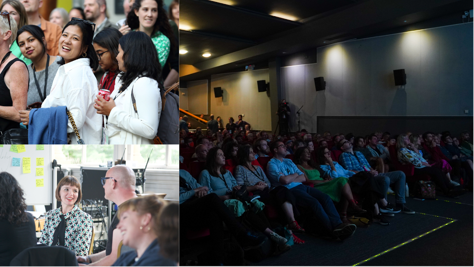 A collage of people engaged in activities such as group discussions and watching a film