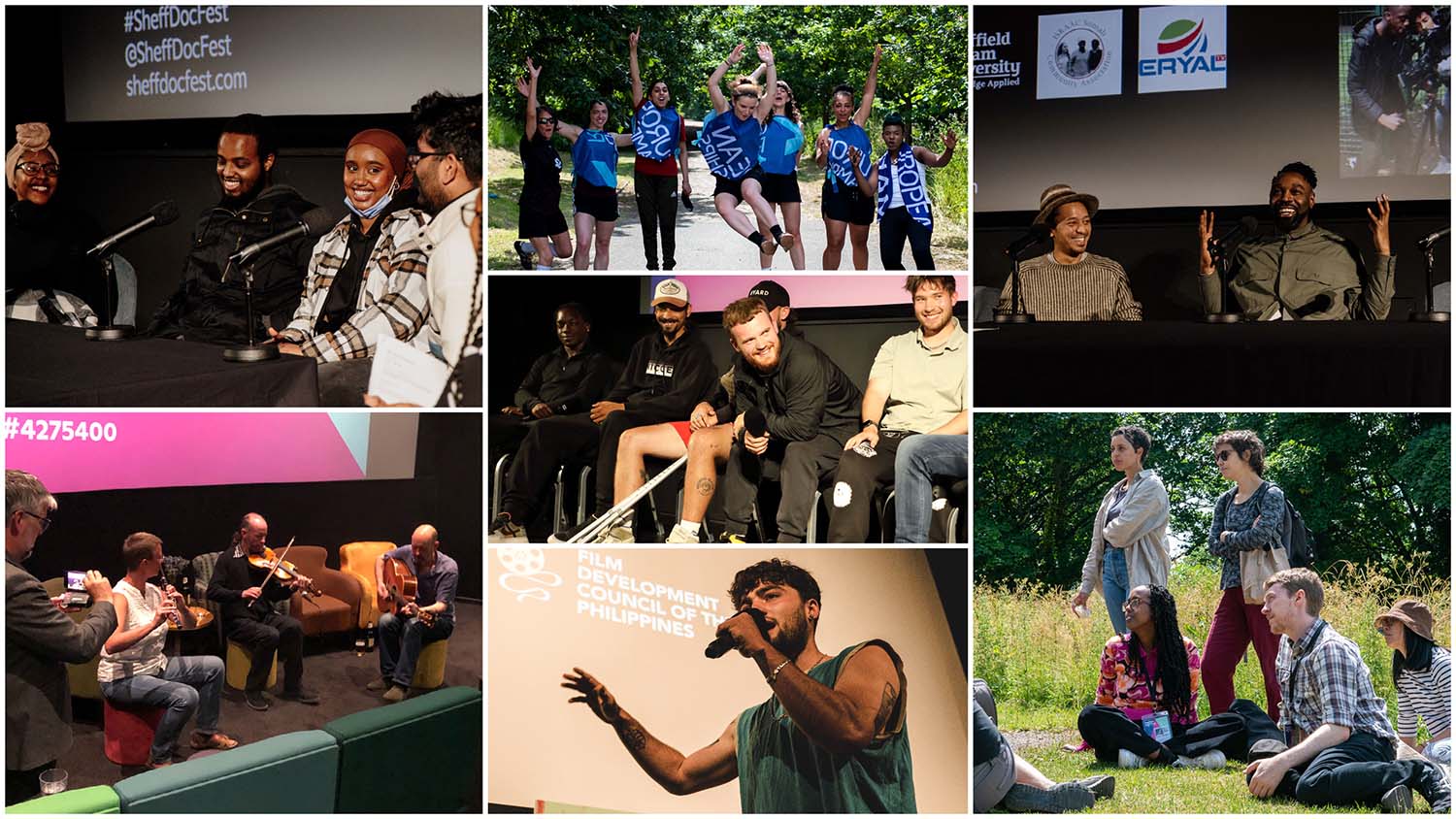 A collage of seven images, showing various shots of groups of people smiling and talking on stage; gathering together; and performing.