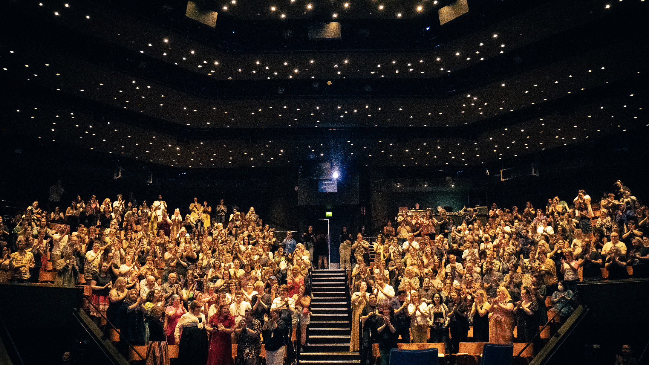 A crowded auditorium theatre. The audience are stood clapping.