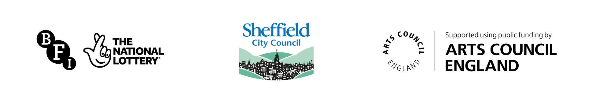 The British Film Institute and National Lottery logo, the Sheffield City Council logo, the Arts Council England logo
