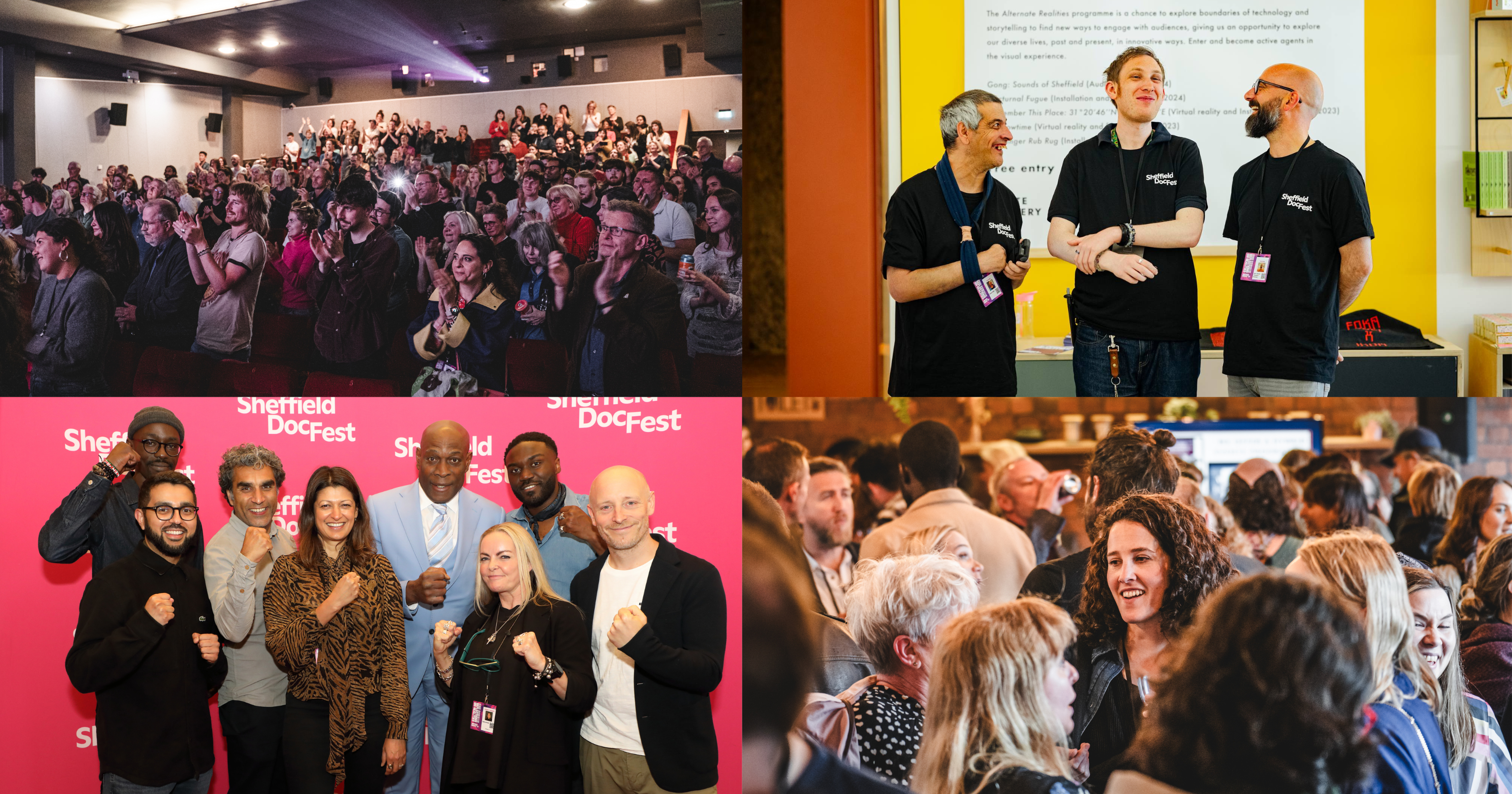 A collage of people engaged in activities such as a chatting at a networking event in a crowded room and a busy cinema giving a standing ovation to a film