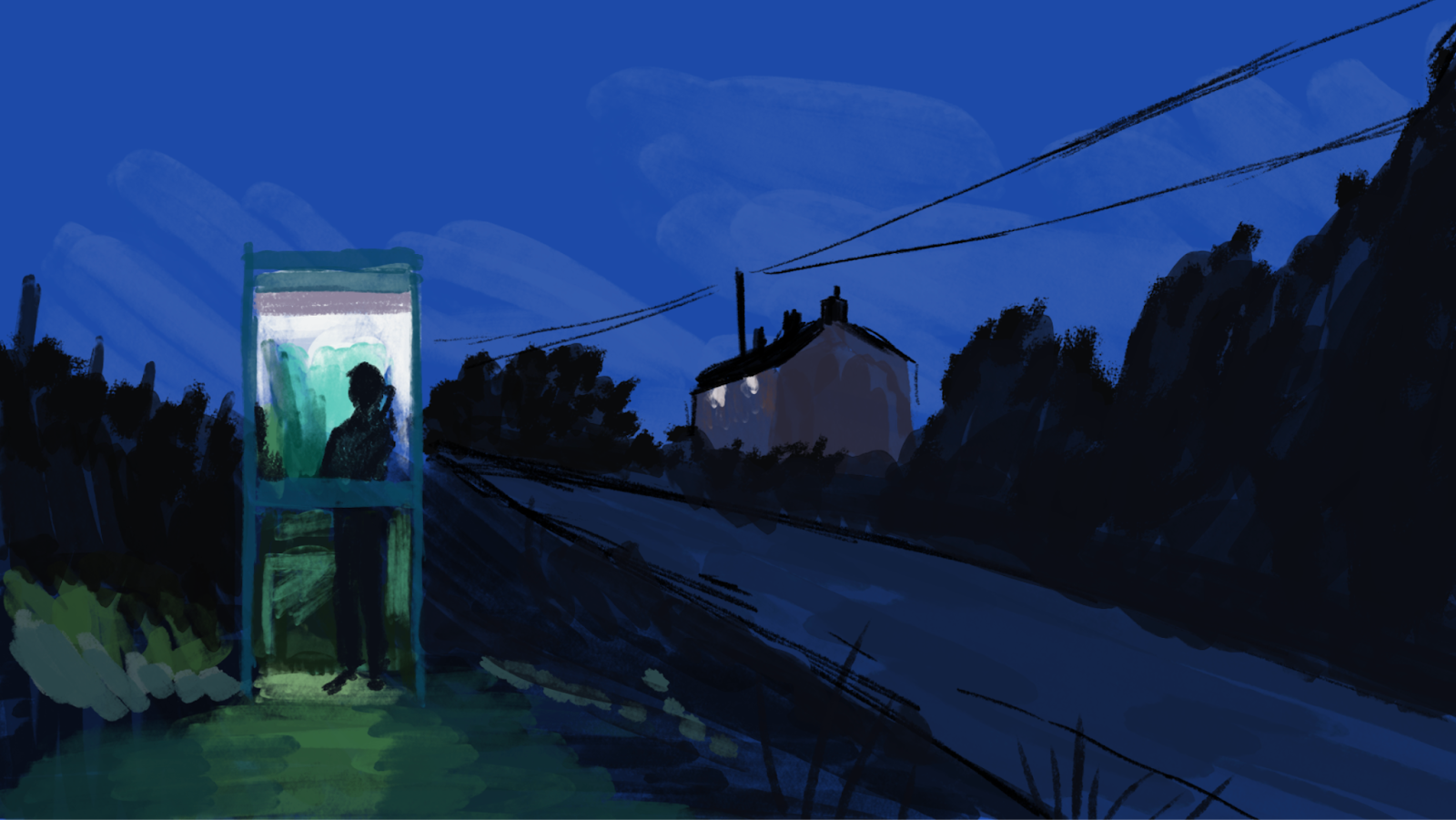 A person is standing inside a lit phone booth at night, holding a phone. The booth is surrounded by dark bushes and grass. A narrow road curves away into the distance. On the right, there's a solitary house with one lit window. Overhead, power lines stretch across a deep blue sky with soft, dark clouds. The image appears to be digitally painted.