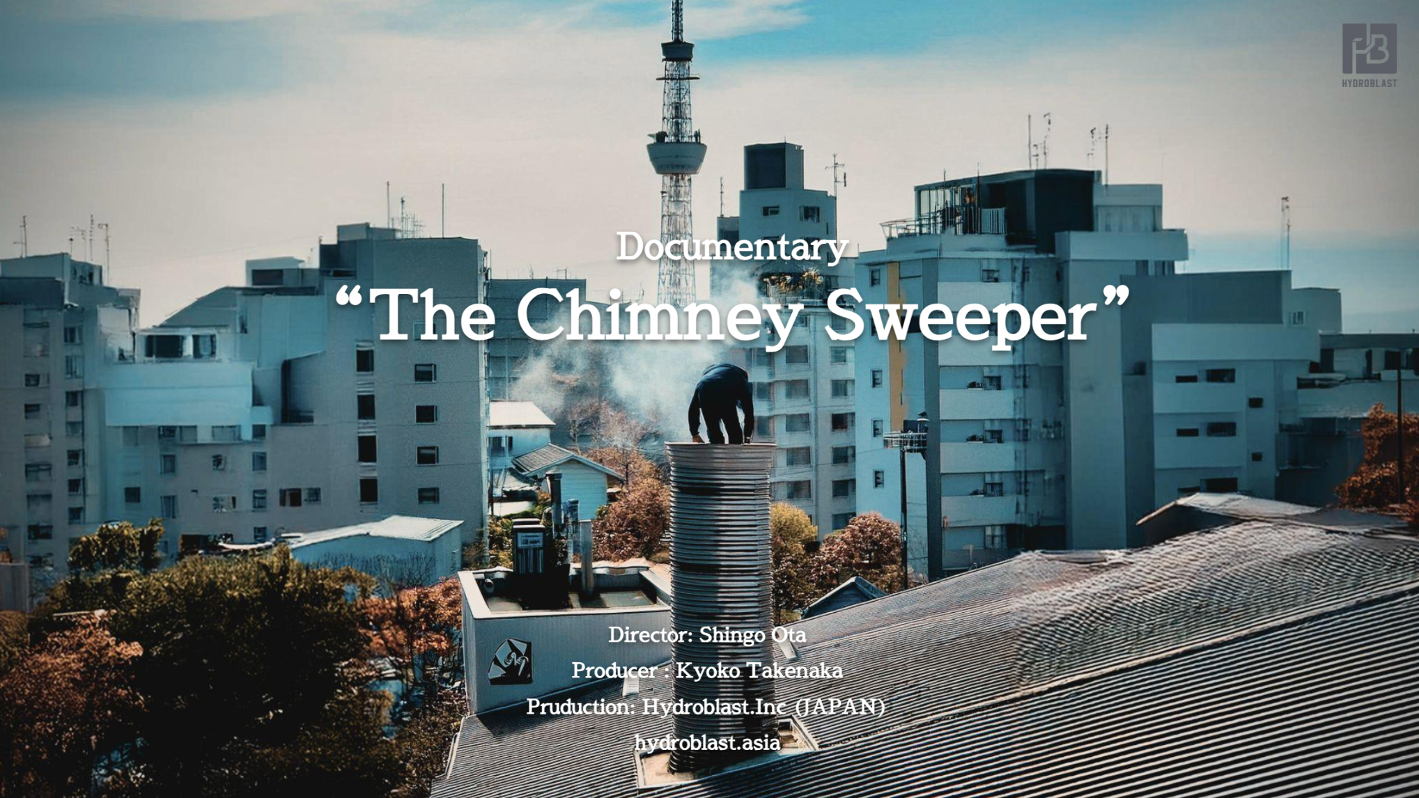 An urban cityscape with a figure bent over a chimney on a rooftop, smoke rising around them. Towering buildings and a communications tower dominate the background, among cool tones and crisp light.