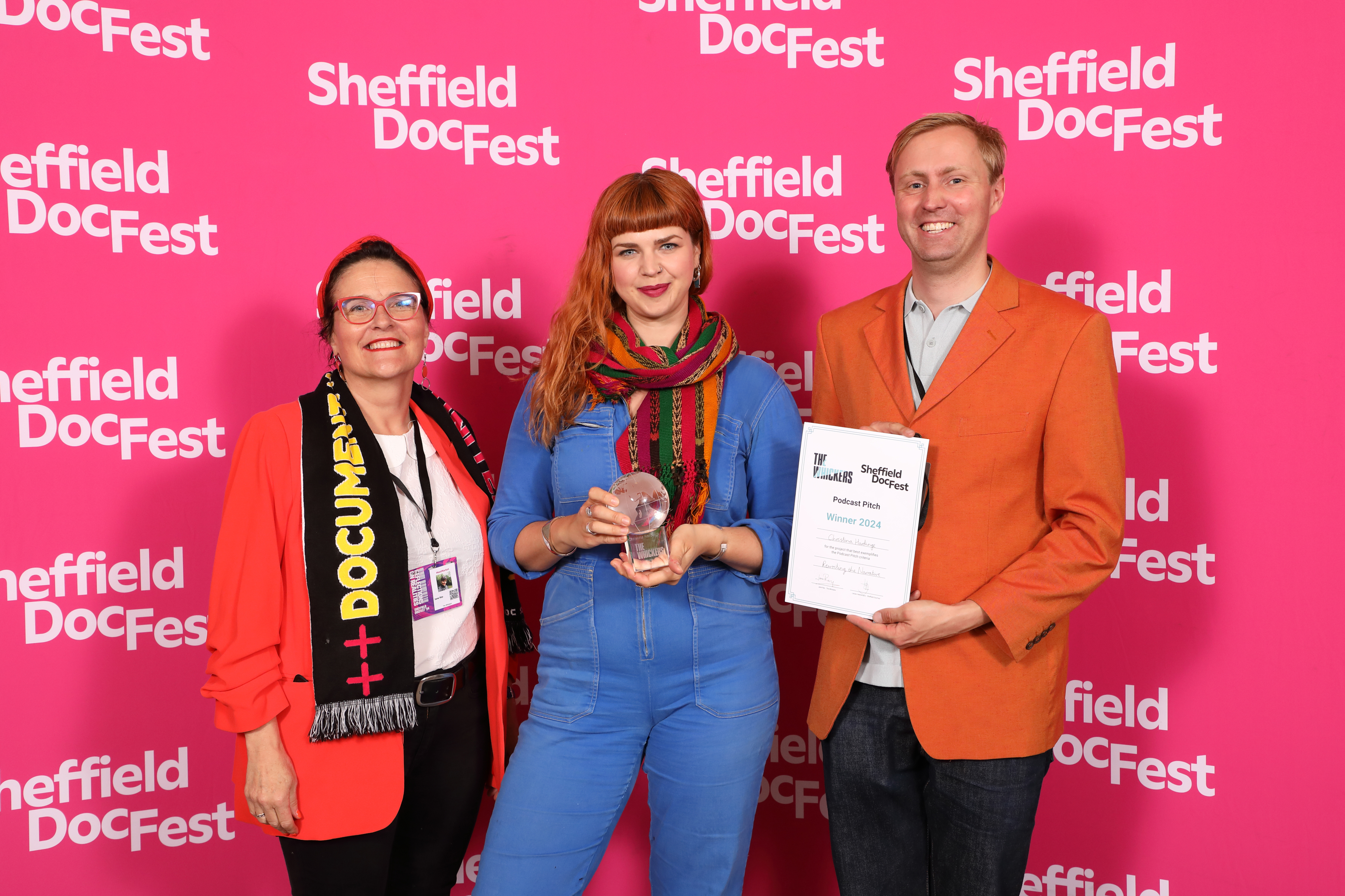 Jane Ray, Artistic Director, The Whickers, and Lieven Heeremans, Sheffield DocFest's Podcast Programme Producer, with last year's The Whicker's Podcast Pitch winner, Christina Hardinge 