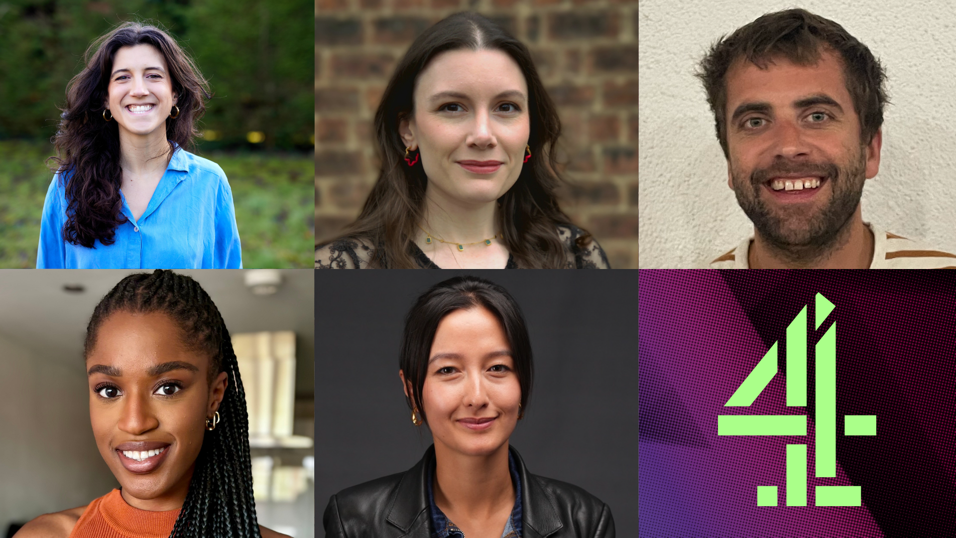 5 headshots of the Channel 4 First Cut Pitch Finalists and the Channel 4 logo - a large number four in acidic green