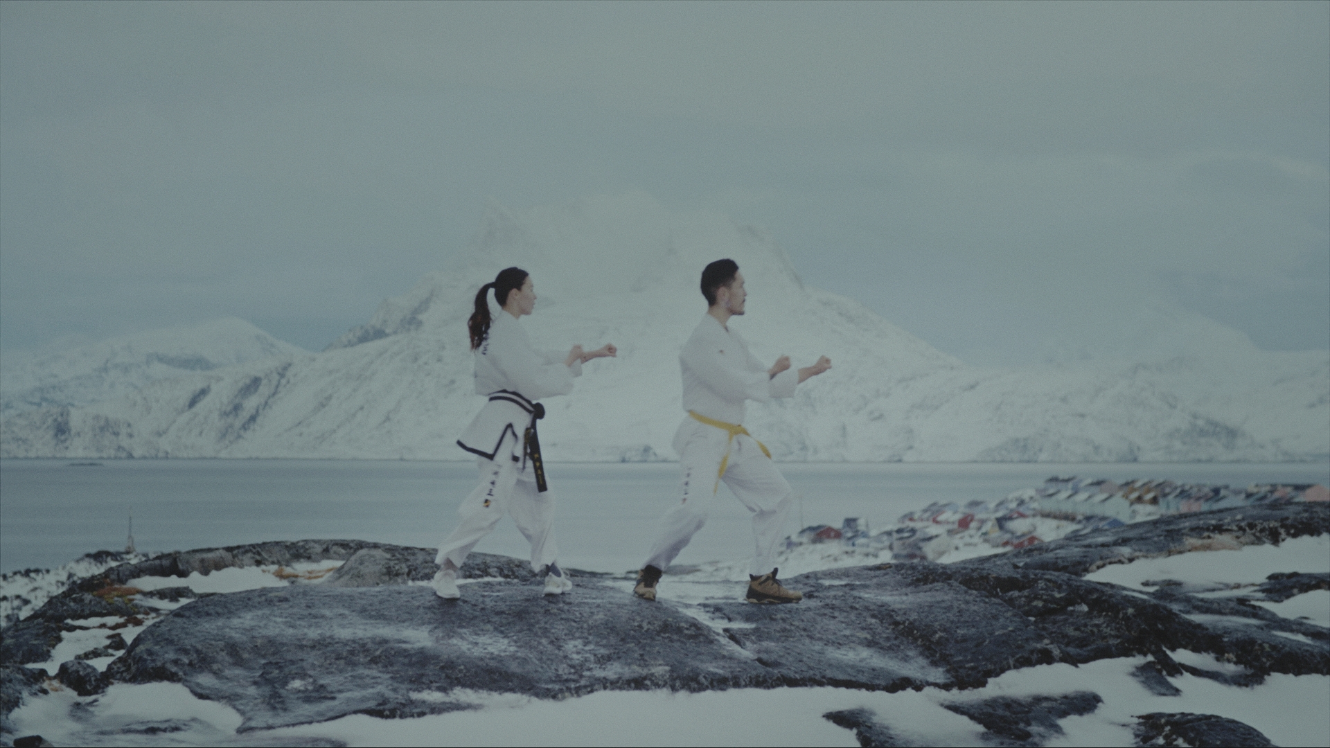 Two people in white martial arts uniforms practice synchronized movements on a rocky, snow-covered landscape, with a calm body of water and snow-capped mountains in the background.