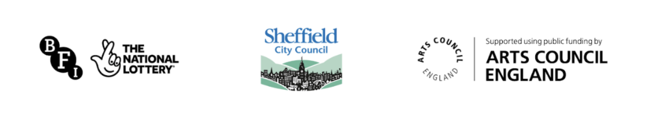 A series of three logos from the BFI and National Lottery, Sheffield City Council and Arts Council England