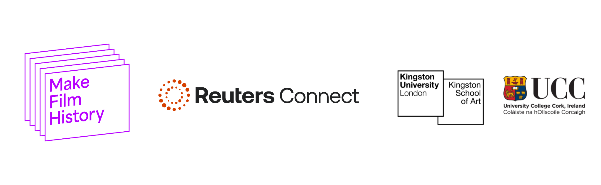 Logos of Make Film History, Reuters Connect, Kingston University London and University College Cork, Ireland