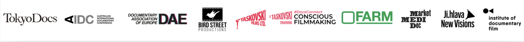 Logos for TokyoDocs, Australian International Documentary Conference, Documentary Association of Europe, Bird Street Productions, Taskovski Films, Farm, Market MEDI Doc