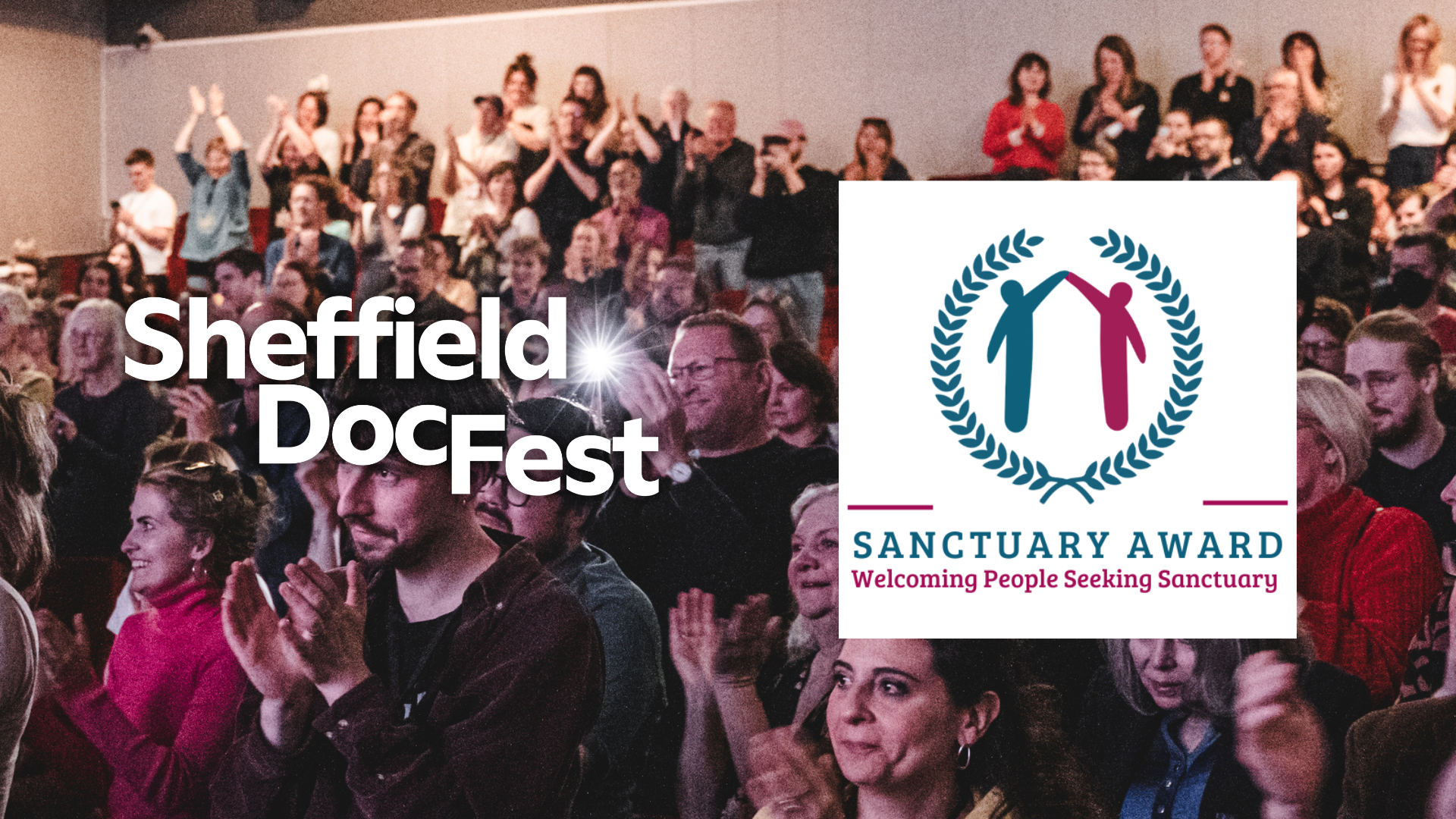 A graphic showing that Sheffield DocFest has been awarded the title of Festival of Sanctuary