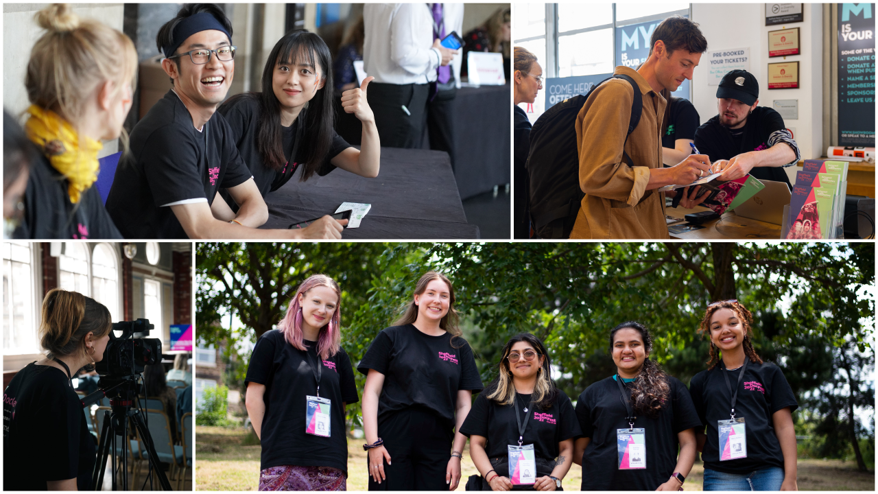 Composite image of volunteers wearing black t-shirts