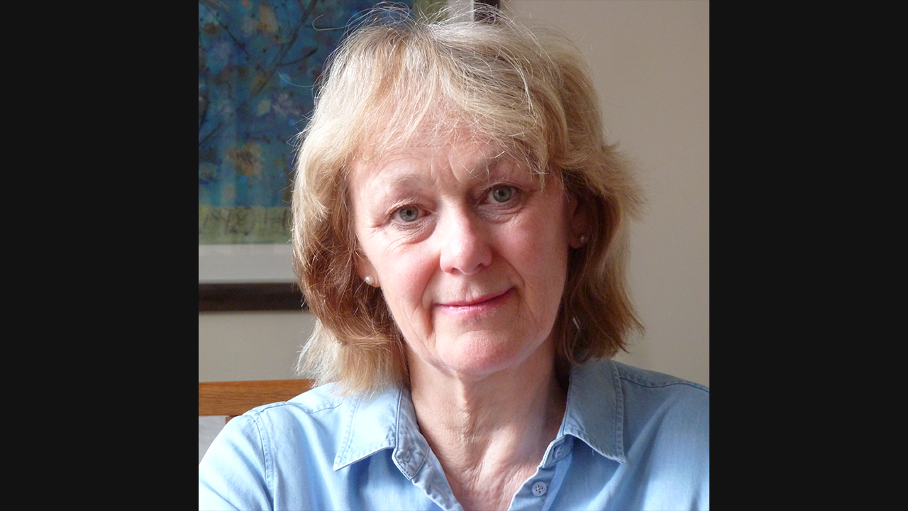An image of an older, white woman with light blonde/brown, shoulder length hair. She is wearing a blue shirt.