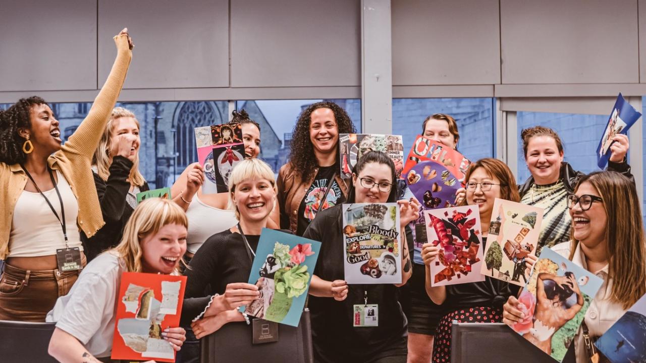 Group of people holding collages smiling widely.