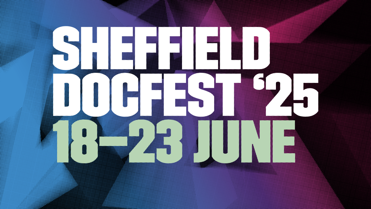 The logo of the 2025 edition of Sheffield DocFest. A blue and purple background overlayed by 'Sheffield DocFest '25, 18-23 June'