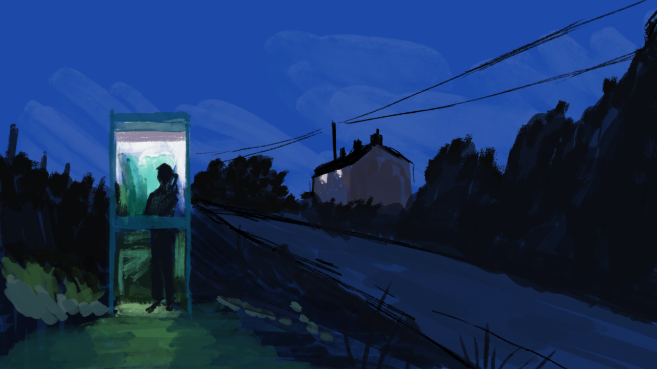A person is standing inside a lit phone booth at night, holding a phone. The booth is surrounded by dark bushes and grass. A narrow road curves away into the distance. On the right, there's a solitary house with one lit window. Overhead, power lines stretch across a deep blue sky with soft, dark clouds. The image appears to be digitally painted.