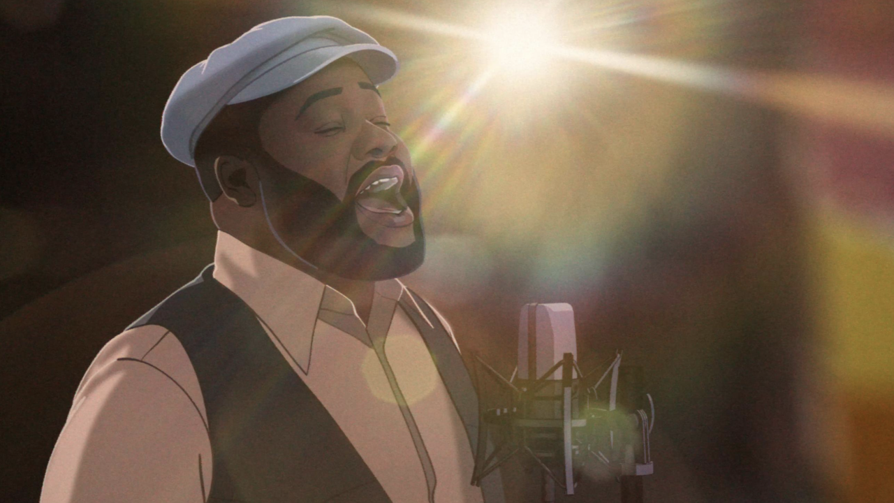 An animation of a person singing into a microphone in a recording studio with a bright light shining from behind them.