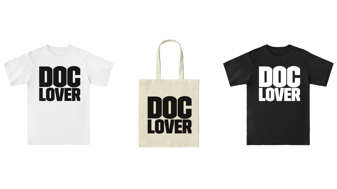 A tote bag, a black t-shirt and a white t-shirt with the phrase 'DocLover' on in block capital letters