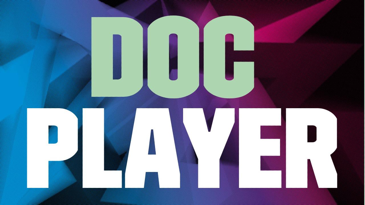 Pink, purple and blue geometric shape in the background. On top in large bold letters it reads 'Doc Player'.