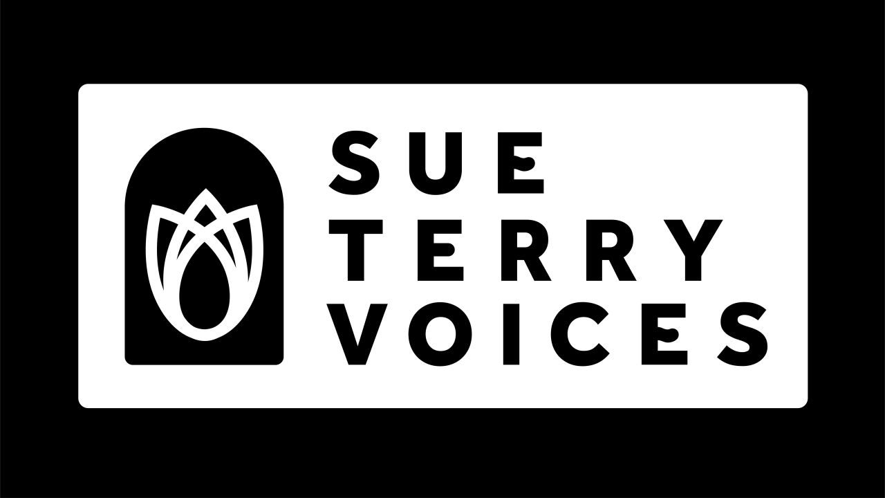 In uppercase black text the words 'Sue Terry Voices' are on a white background which has a thick black border.