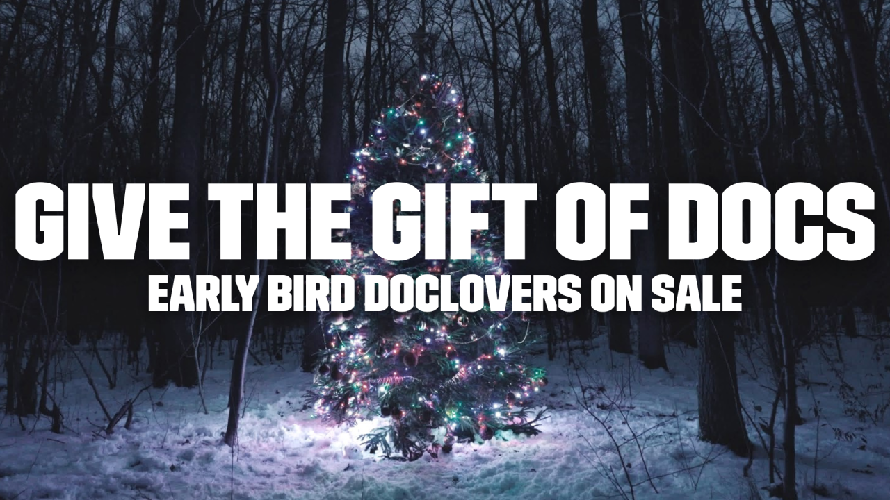 A snowy woodland scene with a large Christmas tree covered in fairy lights. On top reads: Give the gift of docs. Early Bird DocLovers On Sale