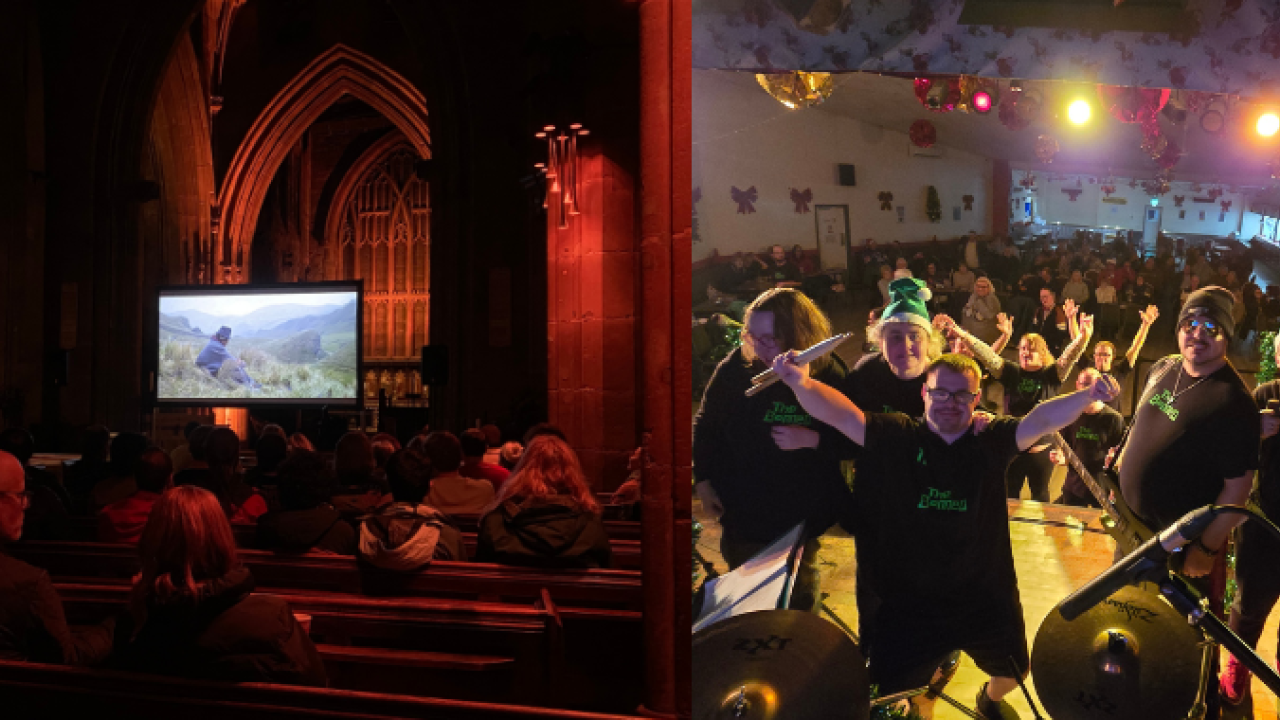 One half of the image features a screen in a Minster building, with people sat on pews infront. The other features musicians facing the camera, arms in the air and guitar and microphones visible. An audience is behind them.