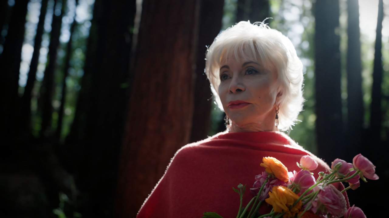 Author Isabel Allende standing in a sunlit forest wearing a red shawl and holding a bouquet of pink and orange flowers.
