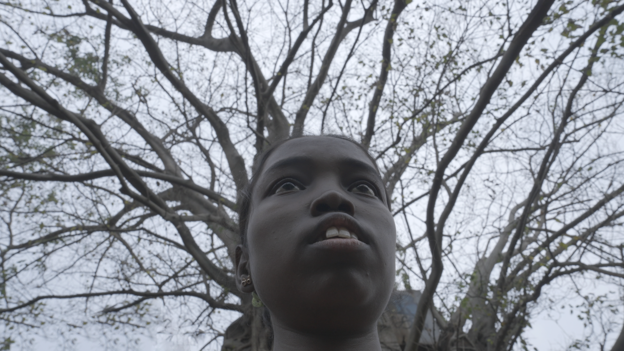 A young girl in the middle of frame in the foreground, with a leafless tree behind her.