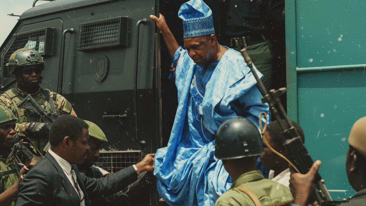 A man steps out of a train and is met by guards.