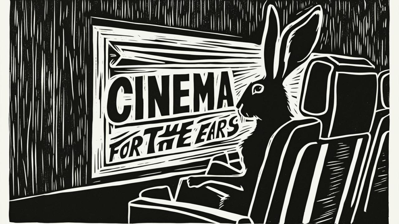A Lino cut image of the sillouette of a hare at the cinema with the words “Cinema For The Ears”.jpg