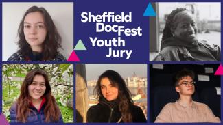 Composite image of 5 headshots on a navy blue background, with white text that reads: Sheffield DocFest Youth Jury.