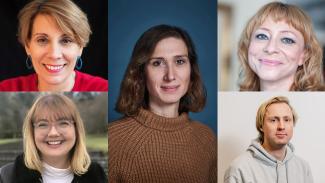 A collage of the 2024 Industry team for Sheffield DocFest: Top Left: Lisa Marie Russo, centre: Patrizia Mancini, top right: Vanessa Lobón Garcia, bottom left: Sophie Duncan, bottom right: Lieven Heeremans