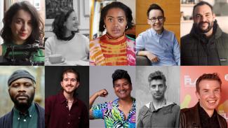 A collage of 10 headshots of our 10 Queer Realities Director's Lab cohort members. There are two rows of five images, each headshot has the head and shoulders of each person in shot.