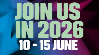 Blue, pink and purple abstract graphic sits in the background. On top of the graphic in mint green bold font reads 'join us in 2026' and underneath in the same font in white reads '10 - 15 June'