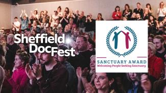 A graphic showing that Sheffield DocFest has been awarded the title of Festival of Sanctuary